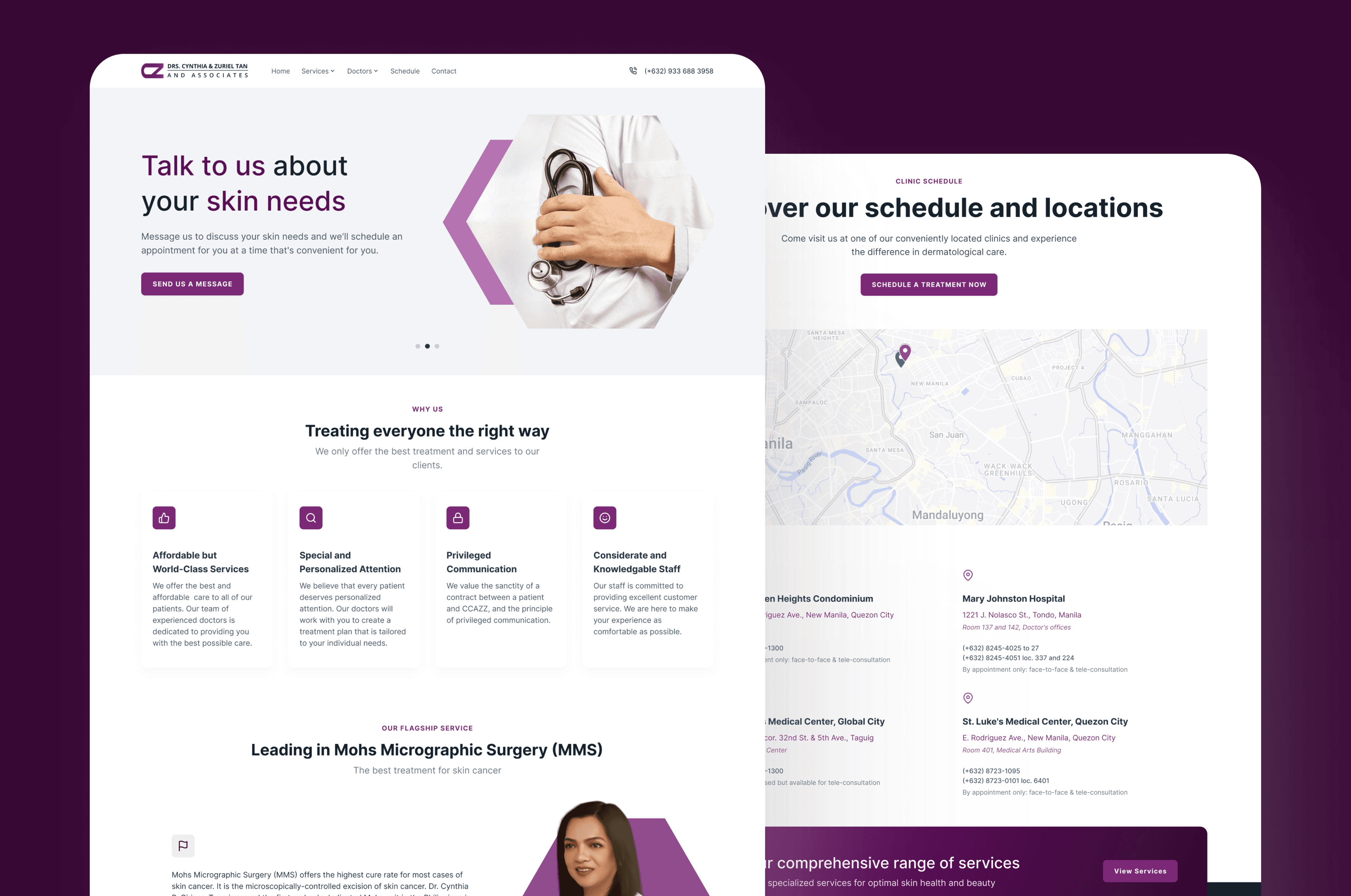 High-fidelity prototypes of the home page and the clinic schedule & location page